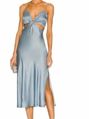 Ring-Front Satin Midi Dress in Dusty Blue